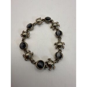 Vintage Silver Tone Turtle Link Bracelet Black Cabochon Stones Magnetic Clasp
